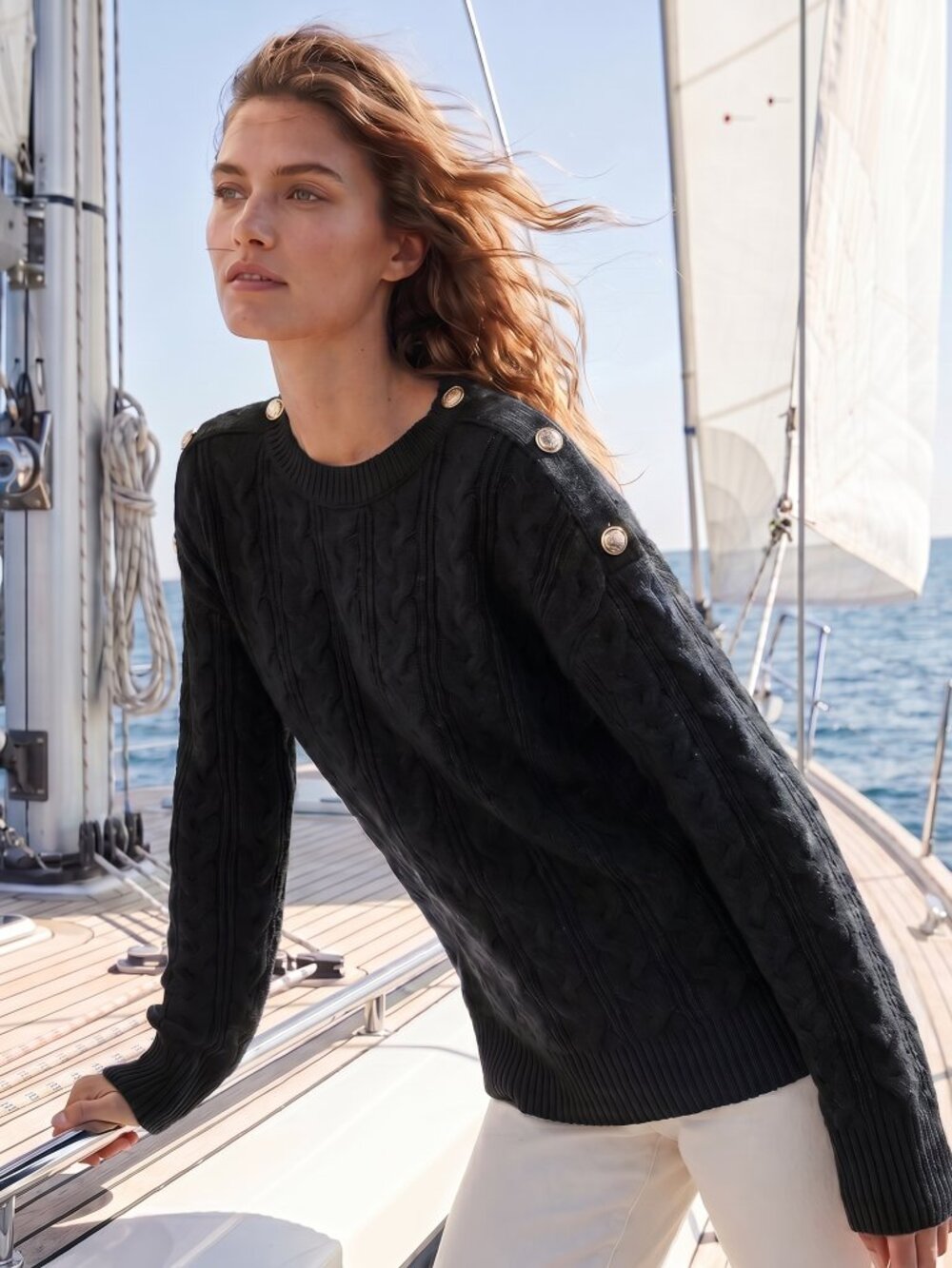 J. Crew Black Cable-Knit Button-Shoulder Sweater
